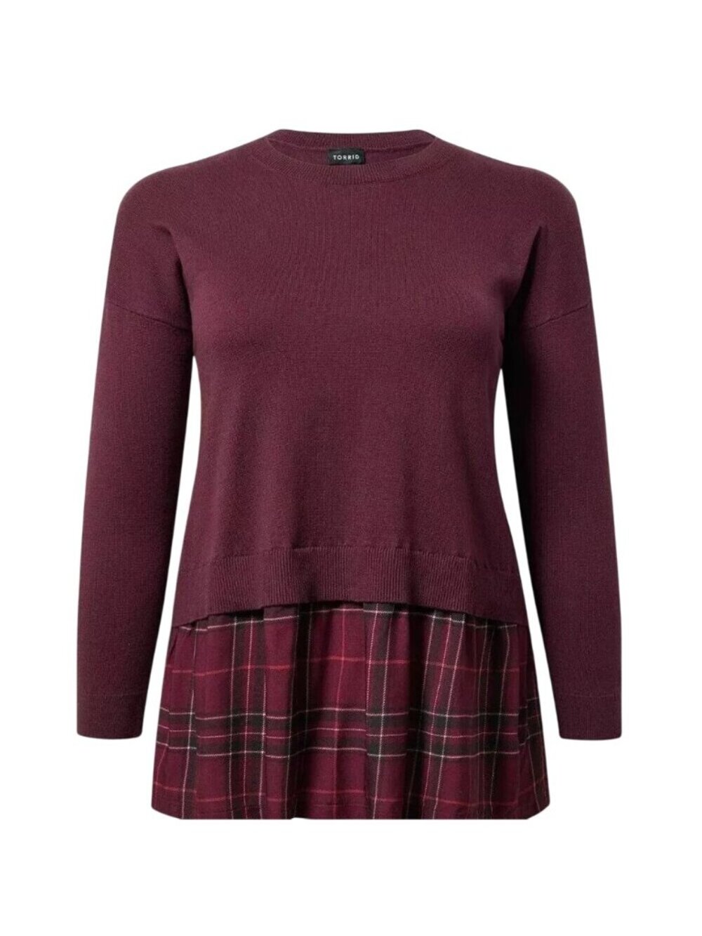 Torrid Sweater Size 2X Soft Cotton 2-Fer Long Sleeve Plaid Hem Pullover Wine NEW